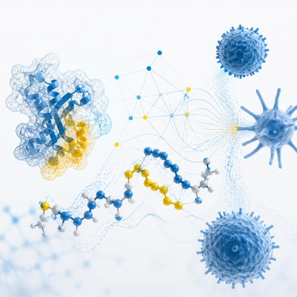 Illustration of AI-driven peptide and antigen design optimizing immune cell targeting