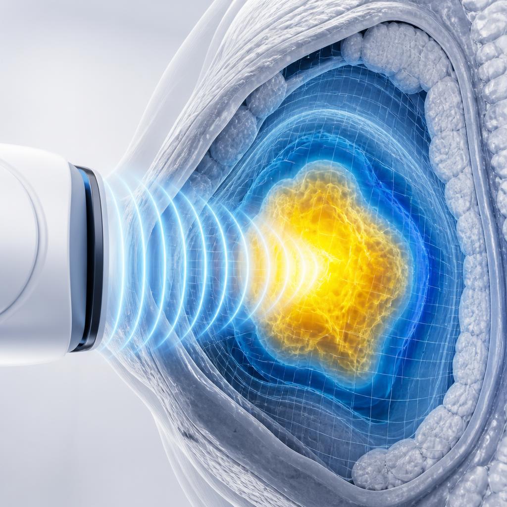 Illustration of MRI-guided focused ultrasound hyperthermia treatment with real-time tumor heat mapping