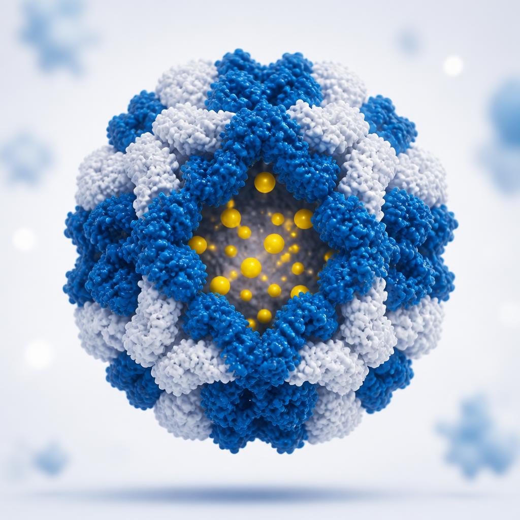3D illustration of the BioCapZ protein nanocapsid with encapsulated therapeutic payloads